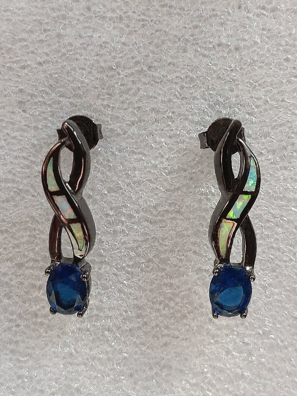 New - Sapphire and White Fire Opal In Black Gold Filled Earrings